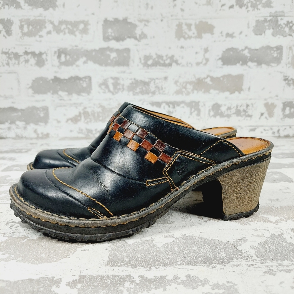 Josef Seibel Comfort Black Brown Woven Leather Slip On Mule Clog M216